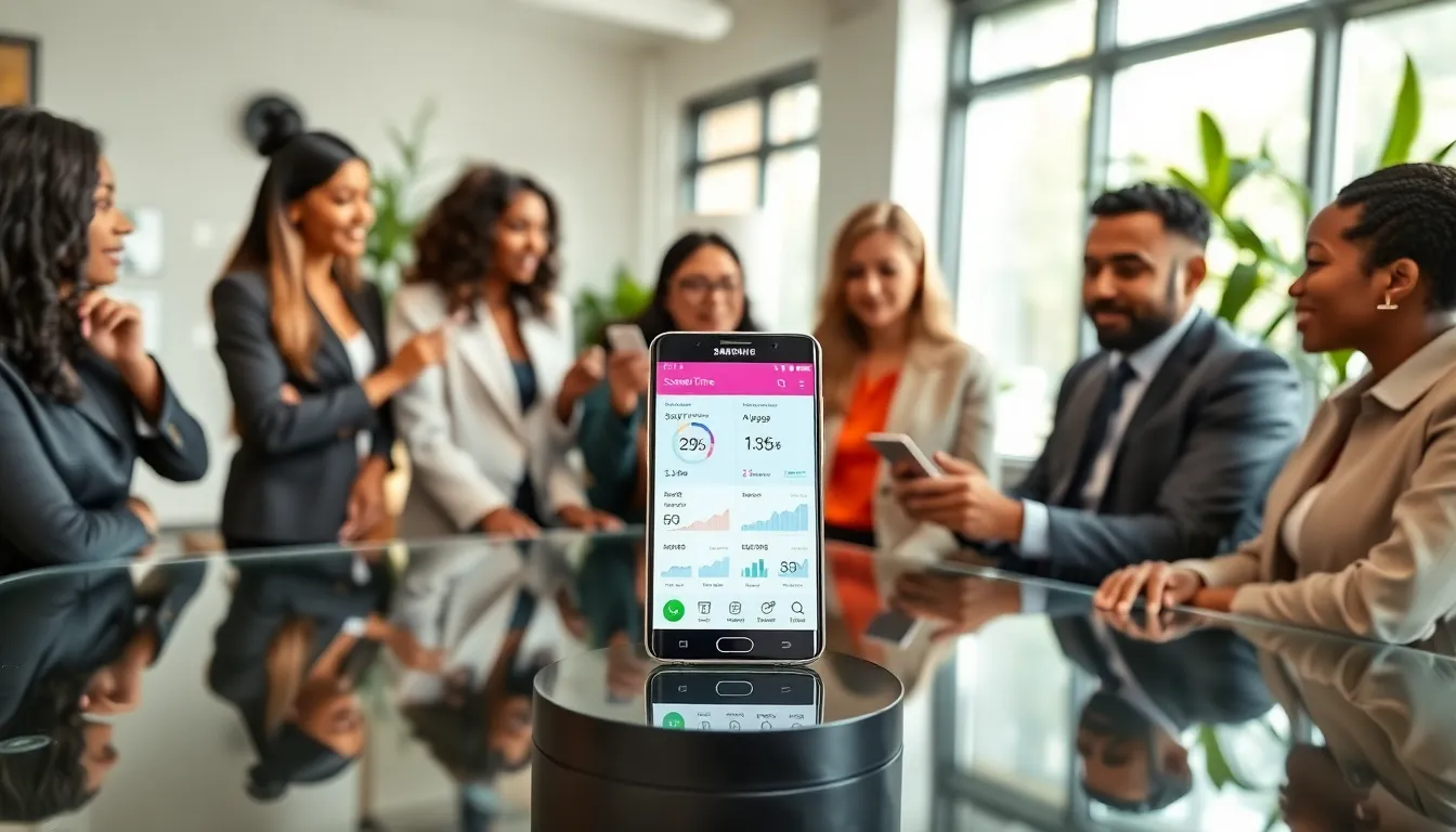 diverse team discussing screen time features on a Samsung smartphone.
