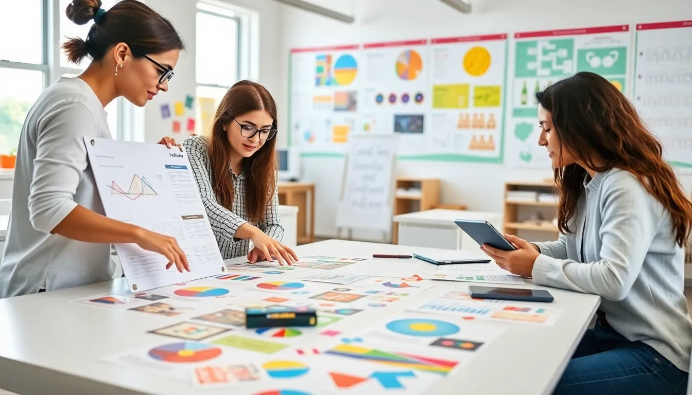 students collaborating in a vibrant study space with visual aids.