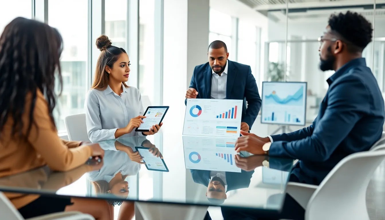 team discussing product management strategies in a modern office.