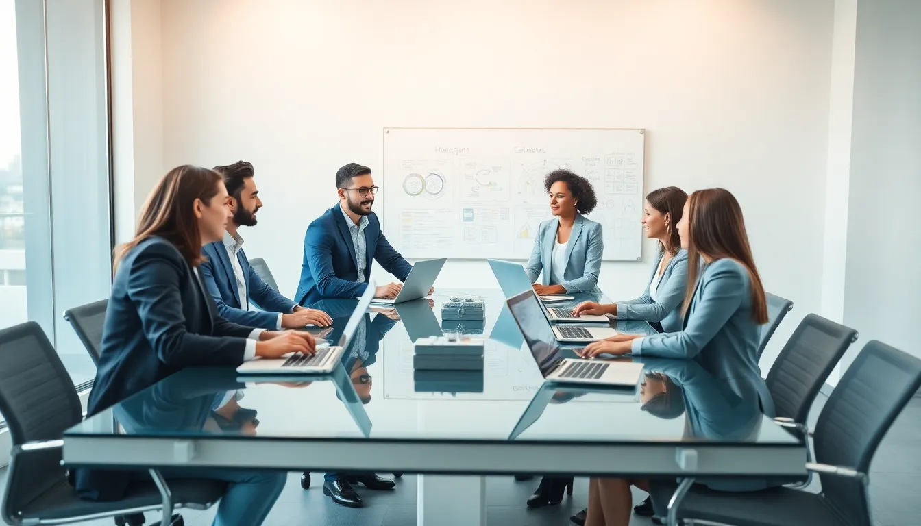 diverse team discussing project management in a modern office.