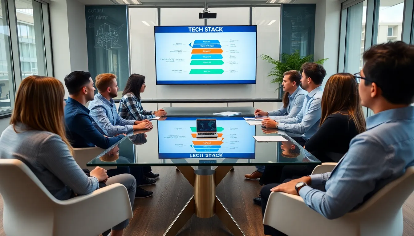 diverse tech team discussing a tech stack in a modern office.