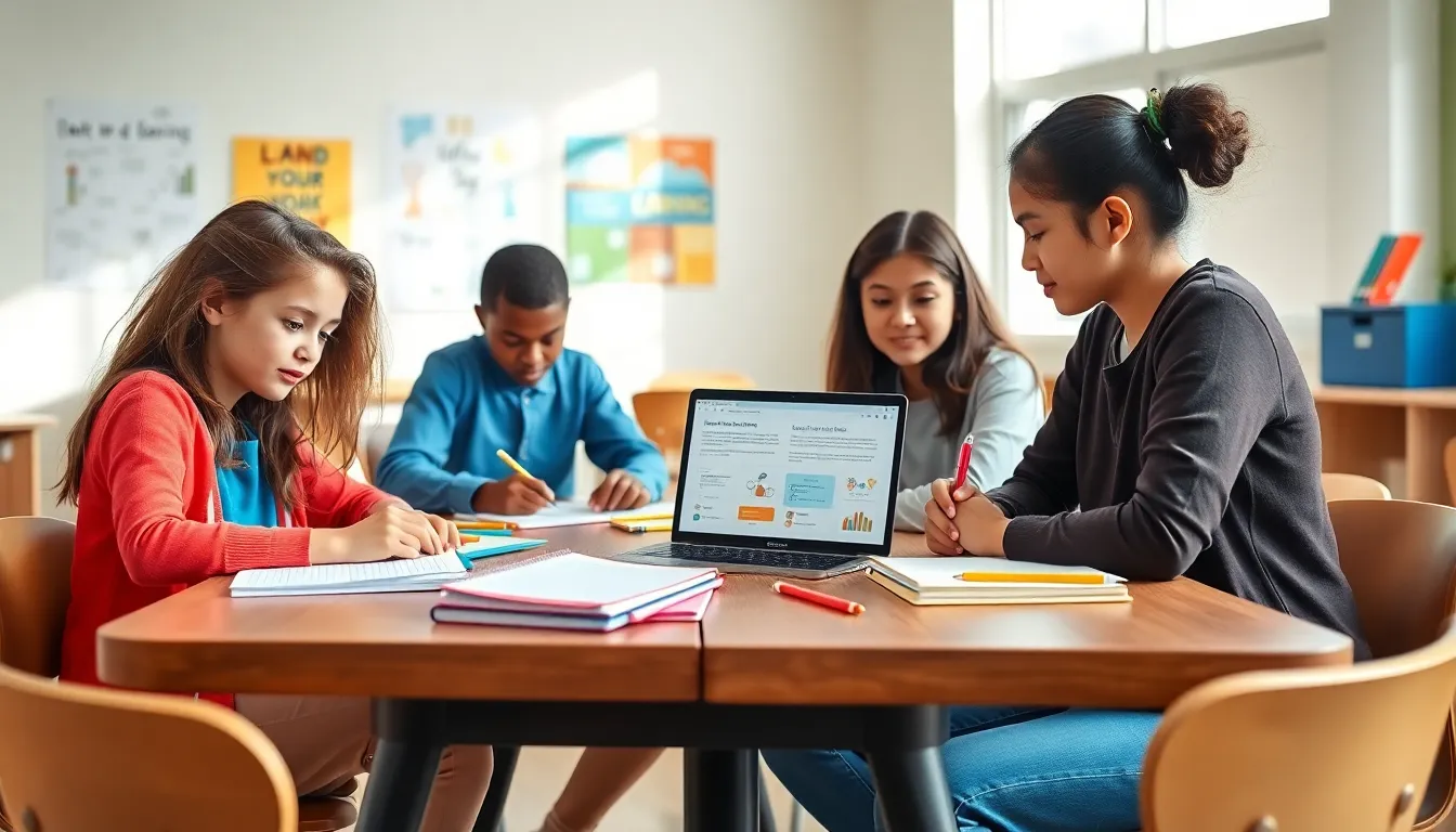 diverse students collaborating on homework in a modern study space.